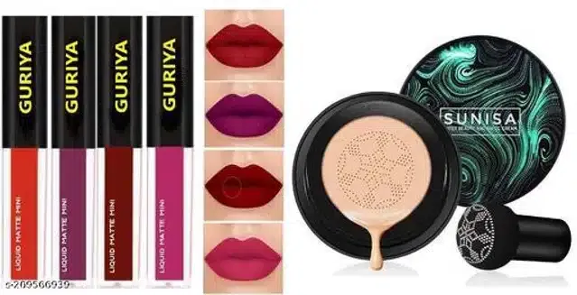 Sunisa Liquid Foundation with 4 Pcs Lipsticks (Multicolor, Set of 2)