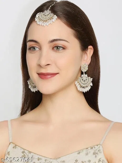 Pearl White Earring Tikka for Women (White, Free Size)