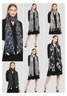 Poly Chiffon Printed Scarves for Women, Black, Pack of 6