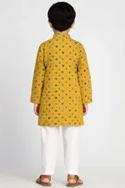 Cotton Blend Printed Kurta with Payjama for Boys, Yellow & White 