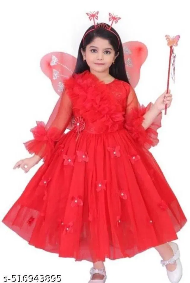 Cotton Blend Solid Dress for Girls (Red, 4-5 Years)