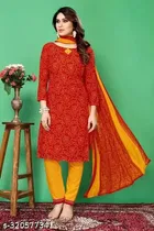 Floral Print Cotton Blend Unstitched Suit Fabric for Women, Red & Yellow