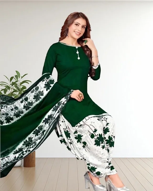 Crepe Printed Unstitched Suits Fabric for Women (Green & White)