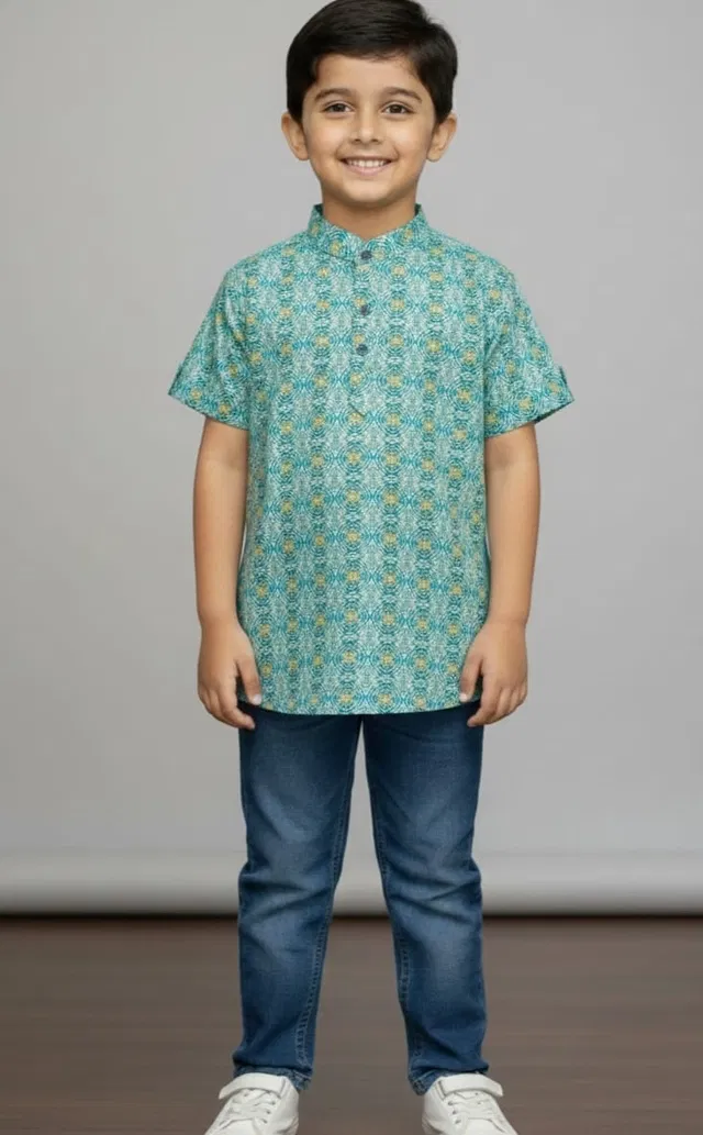 Cotton Blend Shirt For Boys, Green (5-6 Years)