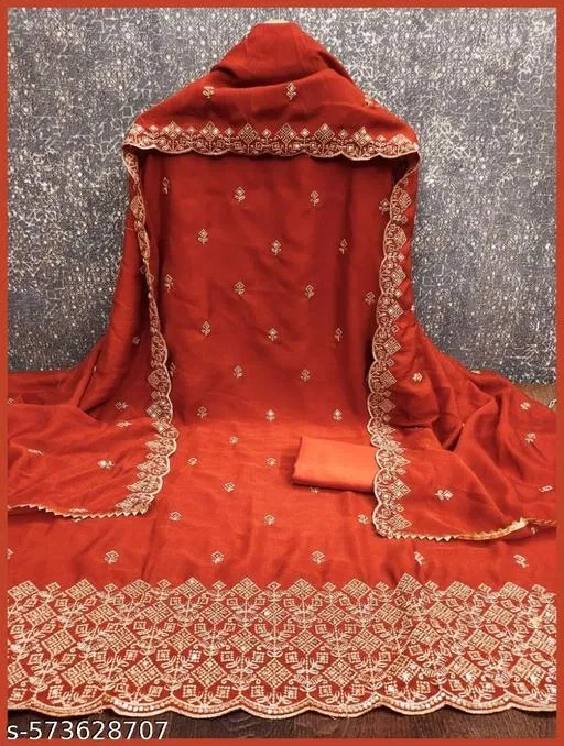 Embroidered Lucknowi (Orange, 6.05 meter (M)) (Orange, 6.45 meter (XL)