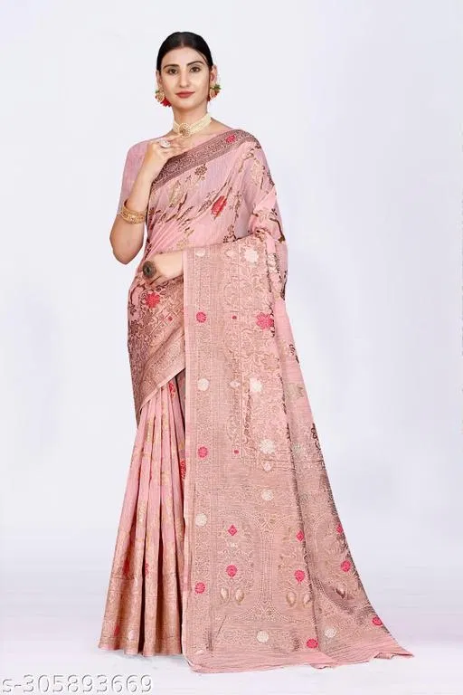 Linen Zari Woven Saree for Women (Peach, 6.3 m)