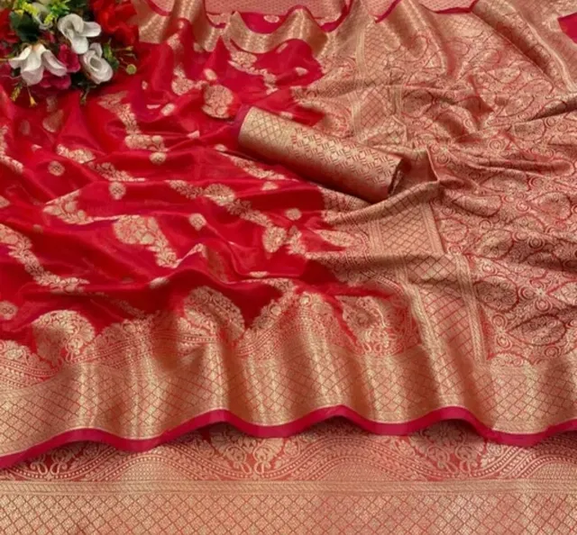 Organza Zari Woven Saree for Women (Red, 6.3 m)