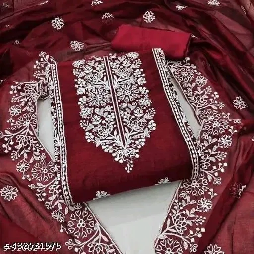 Chanderi Cotton Embroidered Punjabi/All Over Suits for Women (Maroon, Un Stitched)