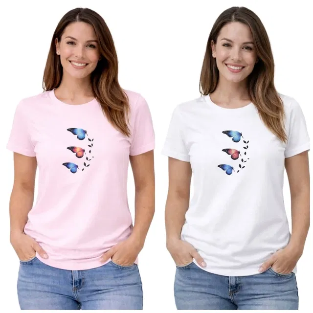 Cotton Blend T-shirt for Women, Pink & White, Pack of 2 (L)
