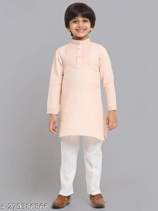Cotton Blend Kurta with Pyjama for Boys (Peach & White, 12-18 Months)