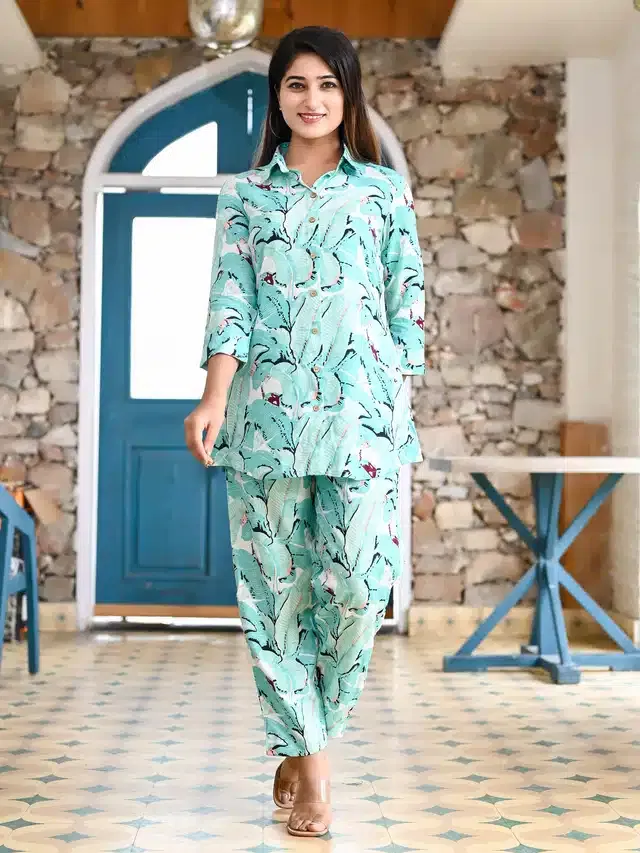 Viscose Rayon Printed Co-Ord Set (Aqua Blue, M)