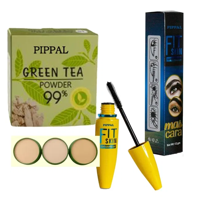 Pippal Green Tea Powder Compact (20 g) with Fit Skin Mascara (12 ml) (Set of 2)