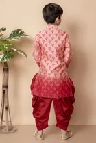 Dupion Silk Printed Kurta with Dhoti for Boys, Peach & Red 