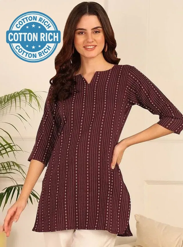 Cotton Striped Short Kurti for Women (Brown, S)