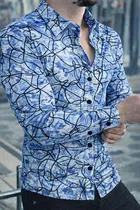 Lycra Geometric Print Shirt for Men, Blue 