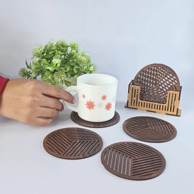 MDF Wooden 6 Pcs Coasters with Stand (Brown, Set of 1)