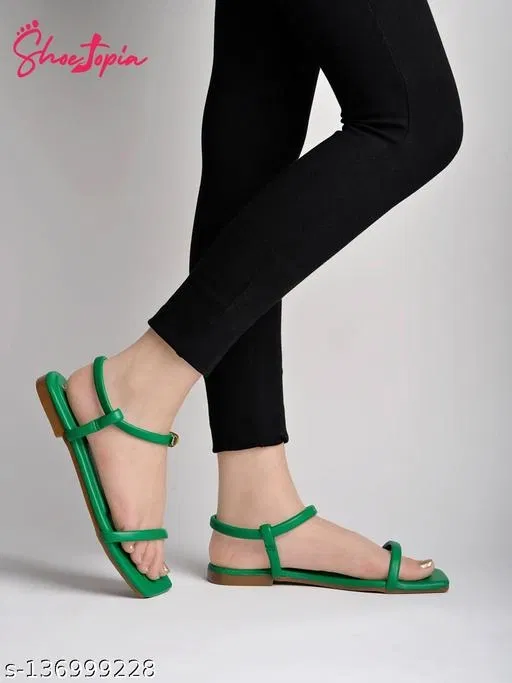 Solid Synthetic One-Toe Flats for Women (Green, IND-8)