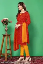 Floral Print Cotton Blend Unstitched Suit Fabric for Women, Red & Yellow