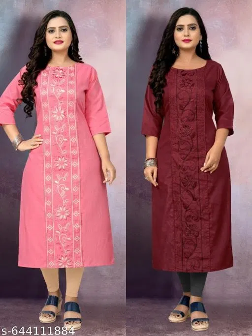Floral Embroidered Cotton Blend Kurti for Women, Pack of 2 (Pink, XXXL)