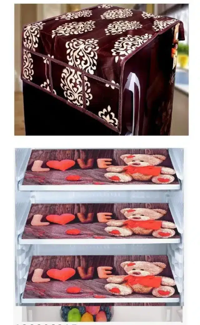 Knit Printed Fridge 3 Pcs Mat with Top Cover (Multicolor, Set of 1)