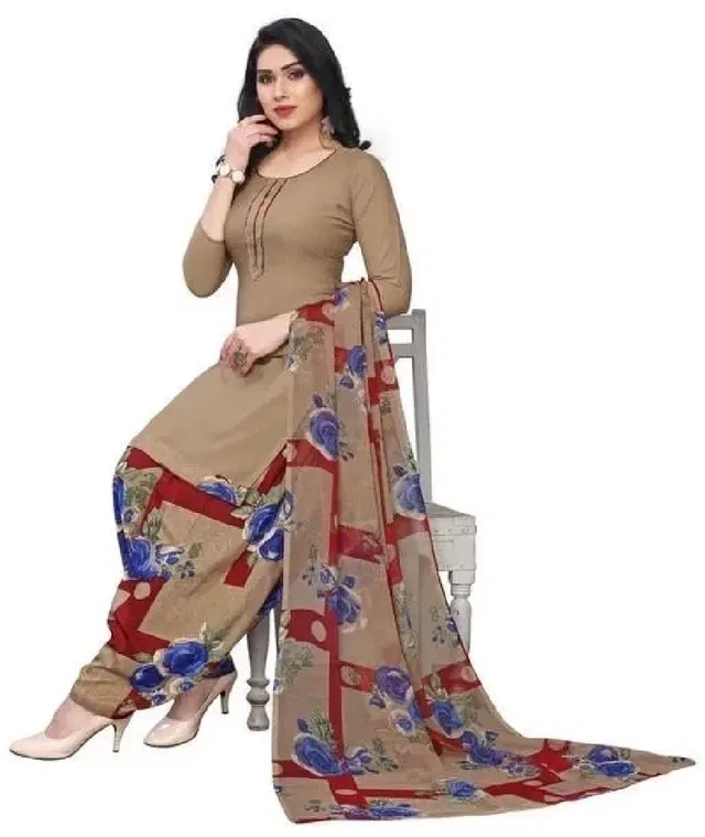 Crepe Floral Print Unstitched Suits Fabric for Women (Beige)