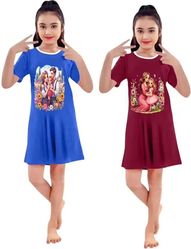 Graphic Print Shift Dress for Girls, Pack of 2 (Blu & Mrn, 6-7 Y)