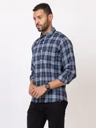 Cotton Blend Checkered Shirt for Men, Navy Blue 