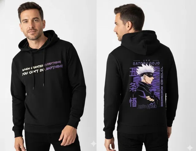 Fleece Printed Hoodie for Men ,Black (XL)
