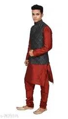 Dupion Silk Solid Kurta with Pyjama & Jacket for Men 