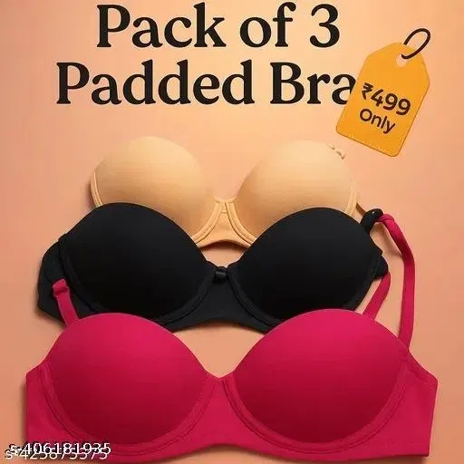 Cotton Solid Bra for Women & Girls, Multicolour, Pack of 3 (32B)