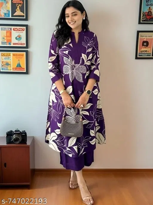 Digital Floral Printed Kurti Pant Set for Women (Multicolor, S)