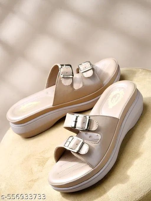 Solid Wedge Open Toe Heels for Kids (Beige, 10-11 Years)