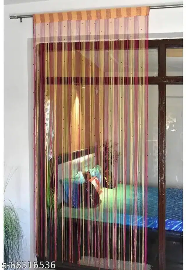 Polyester Beads Curtain for Door (Beige & Maroon, 7 Feet)