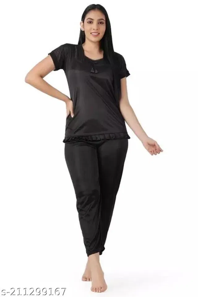 Satin Nightsuit Set for Women (Black, XL)