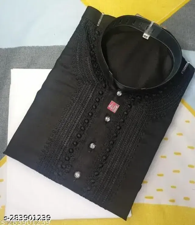 Cotton Blend Embroidered Kurta with Pyjama for Men (Black, L)