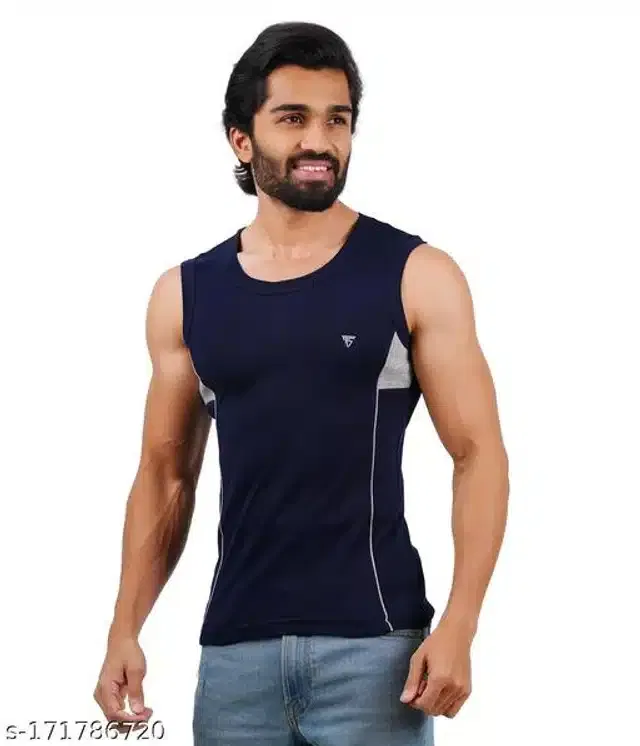 Combed Cotton Gym Vest for Men (Navy Blue, XL)