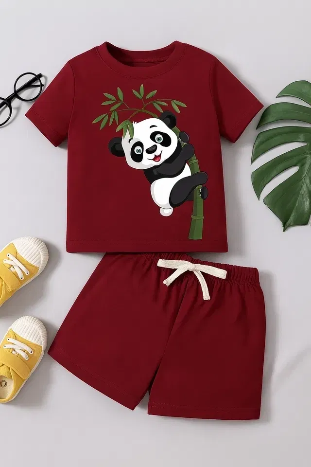 Cotton Blend Printed Clothing Set for Boys (Maroon, 0-6 Months)
