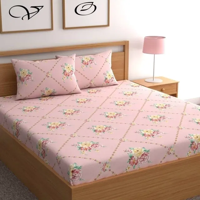 CG Homes Cotton Bedsheet 90x100 Inch with 2 Pillow Cover (Pink)