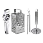 Oc9 Stainless Steel Lemon Squeezer & 4 in 1 Grater Or Slicer & Roti Chimta & Potato Masher Kitchen Tool Set 