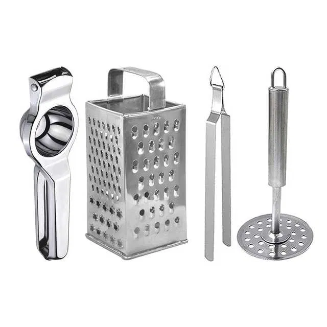 Oc9 Stainless Steel Lemon Squeezer & 4 in 1 Grater Or Slicer & Roti Chimta & Potato Masher Kitchen Tool Set (O-111)