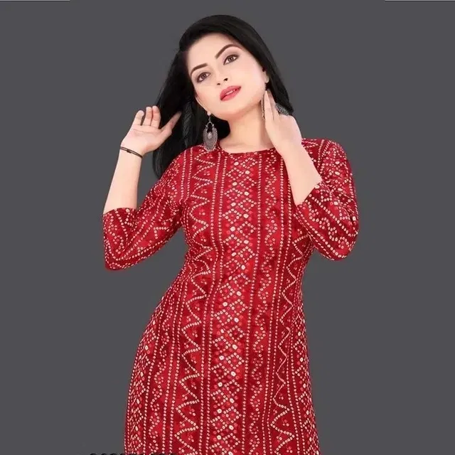 Crepe Bandhani Kurti for Women (Red, M)