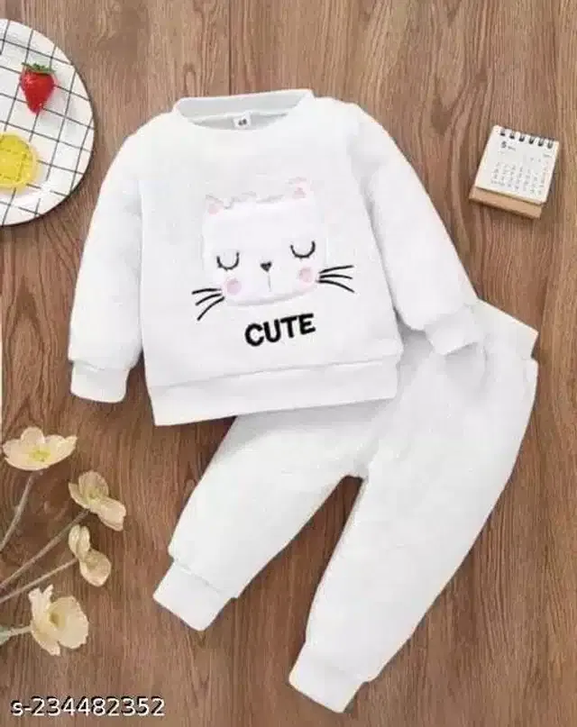 Hosiery Cotton Full Sleeves T-Shirt with Pant Clothing Set for Kids (White, 12-18 Months)