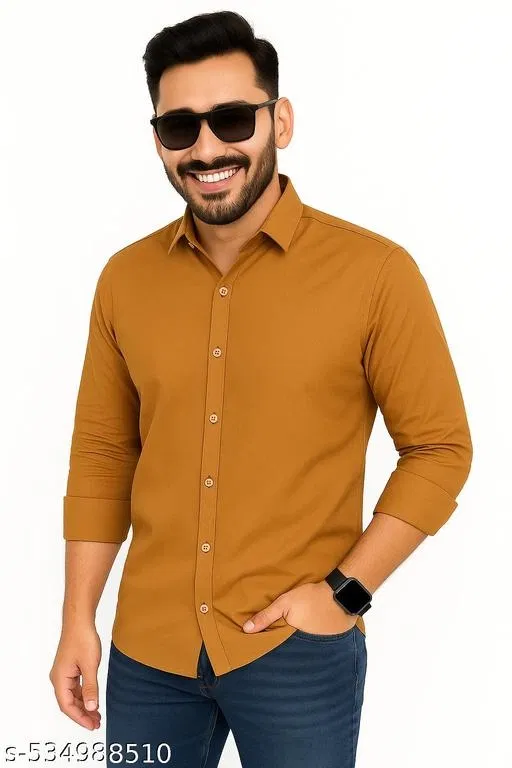 Cotton Blend Solid Shirts for Men, Brown (XXL)