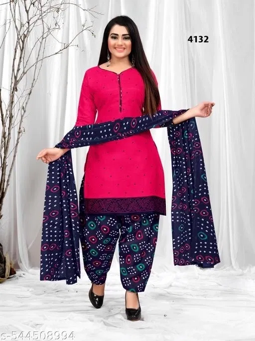 Cotton Blend Printed Salwar Suit Set for Women (Navy Blue, 5XL)
