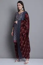 Cotton Blend Floral Kurti with Pant & Dupatta for Women 