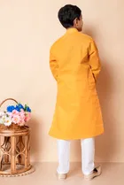 Cotton Blend Embroidery Kurta with Payjama for Boys, Yellow & White 
