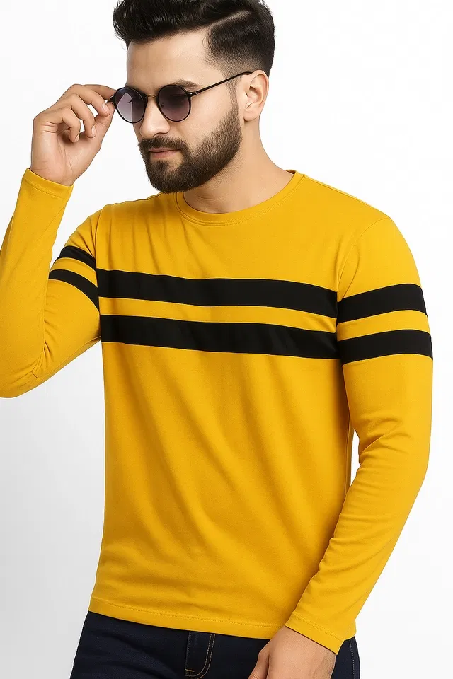 Polyester Striped T-Shirt for Men (Mustard Yellow, XL)