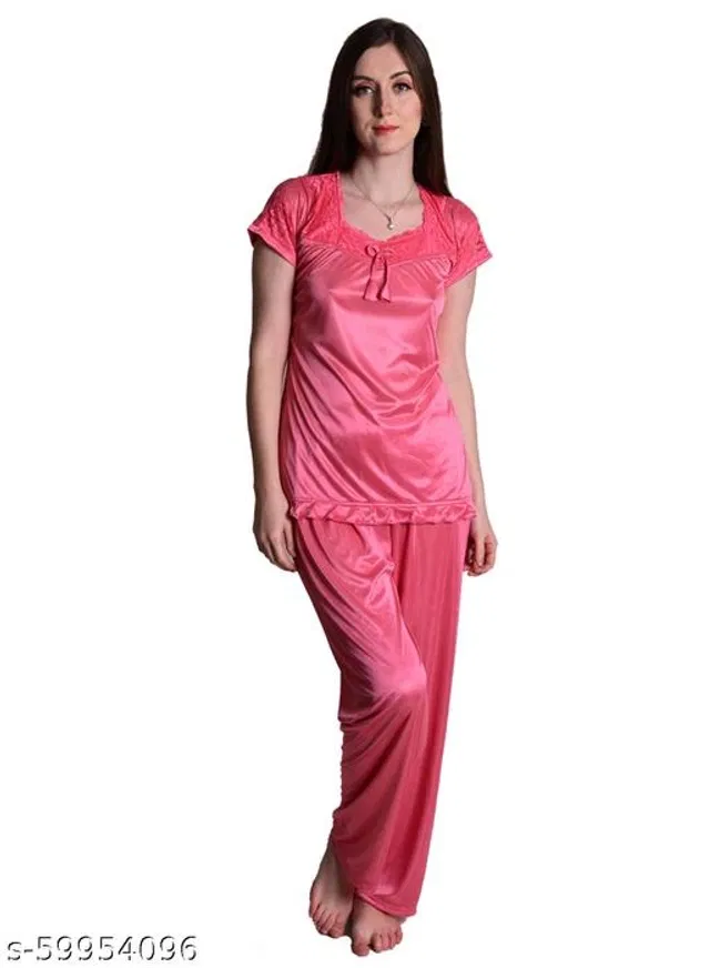 Satin Nightsuit Set for Women (Pink, XL)
