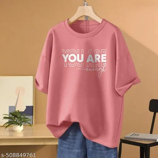 Cotton Blend Printed T-shirt for Women, Peach (XL)