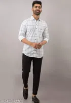 Cotton Blend Checked Shirt for Men, White 